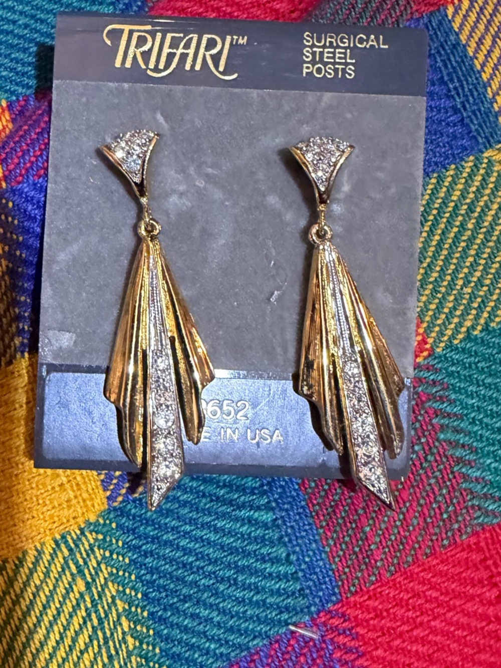 Vintage Trifari Gold-tone Fan Earrings with Clear Crystals Art Noveau